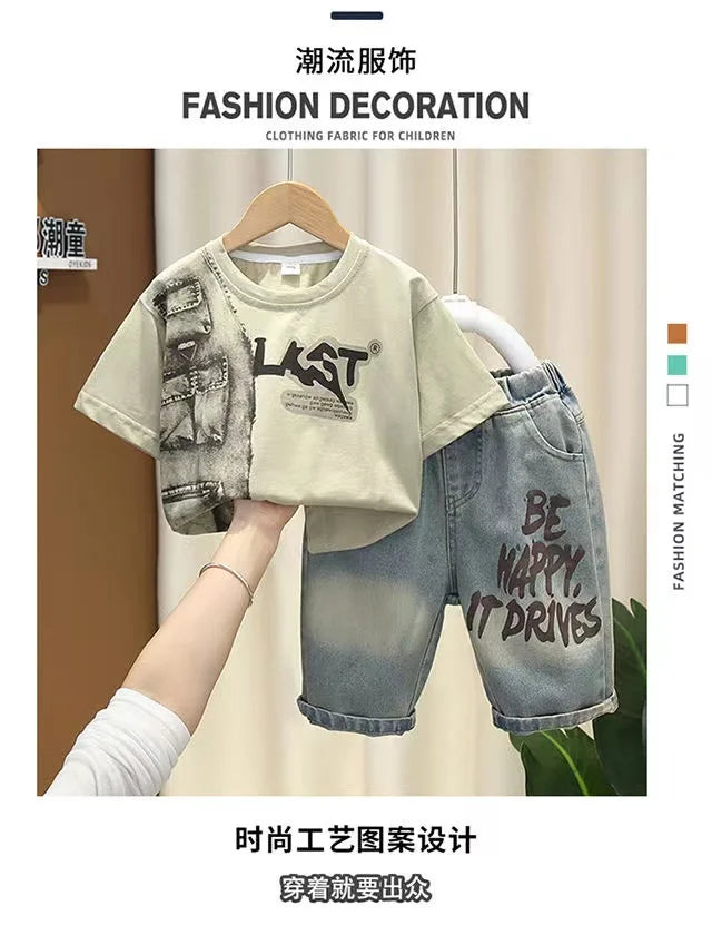 Boys Summer Clothing Set New Handsome Children's Short Sleeved Clothes Trendy Baby T-shirt Jeans Thin Two-piece Set - Boys
