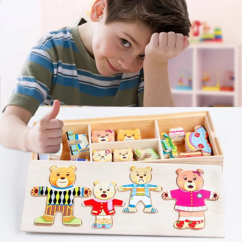 Little Bear Change Clothes Montessori Kids Early Education Wooden Jigsaw Puzzle Dressing Game Baby Puzzle Toys For Children Gift