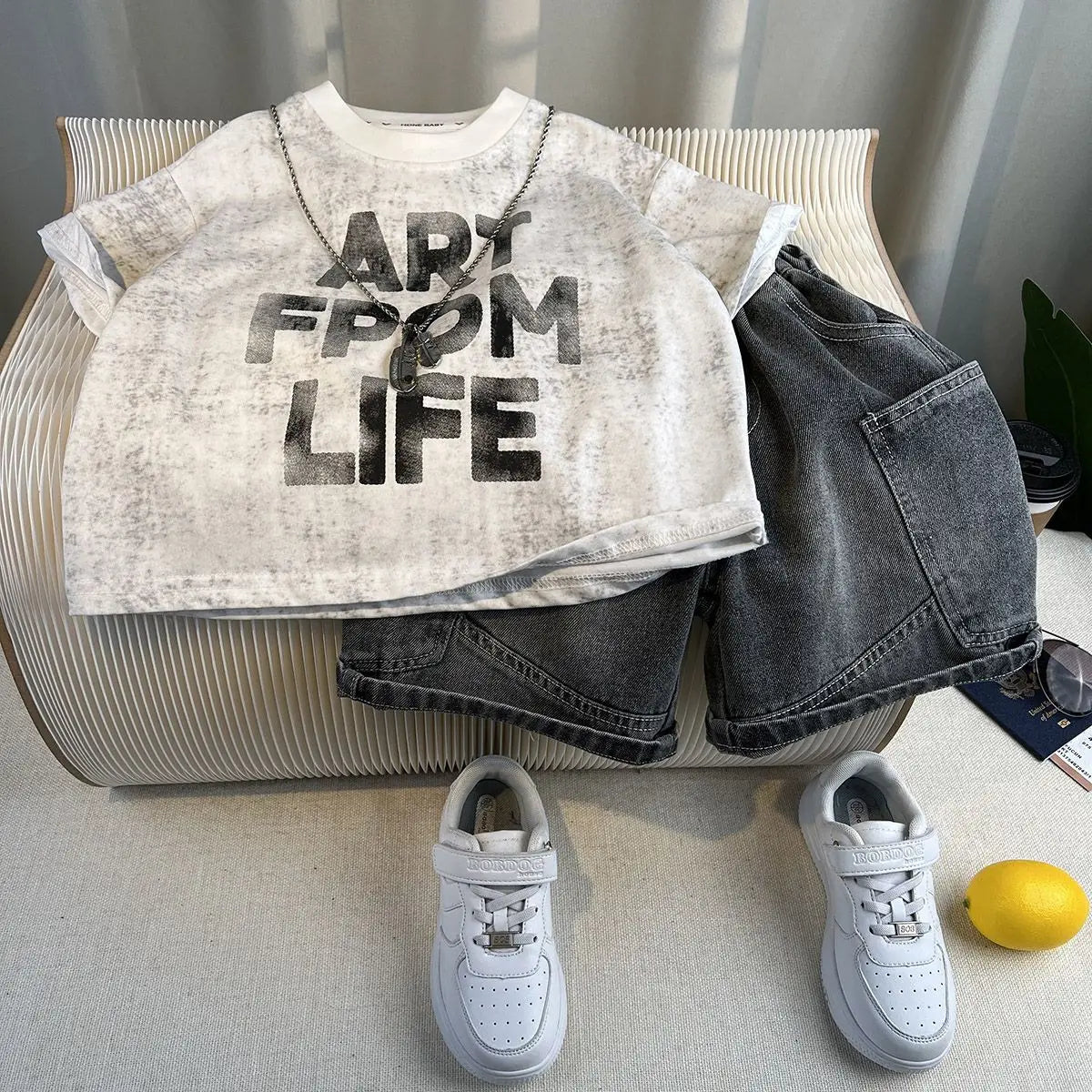 New Boys Fashion Summer Cotton Letter Printing T-shirts+Graffiti Denim Shorts 2pcs Set Kids Korean Outfits Sets Children