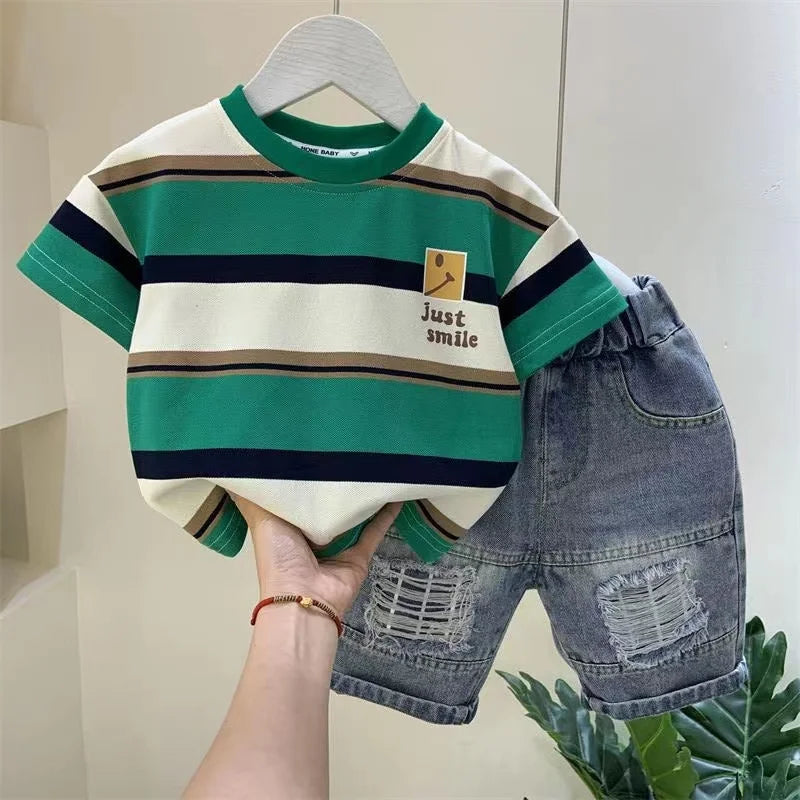 Boys Summer New - Boys Summer New Boutique Design Outfits Cotton Set Baby Boys Short Sleeve Shirt Jeans Shorts 2pcs Clothing