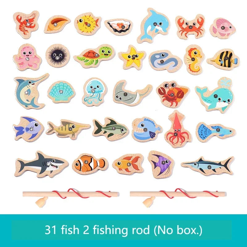 Montessori Wooden Magnetic Fishing Toys Marine Life Cognition Fish Games Early Educational Toy for Kids Parent-child Interactive