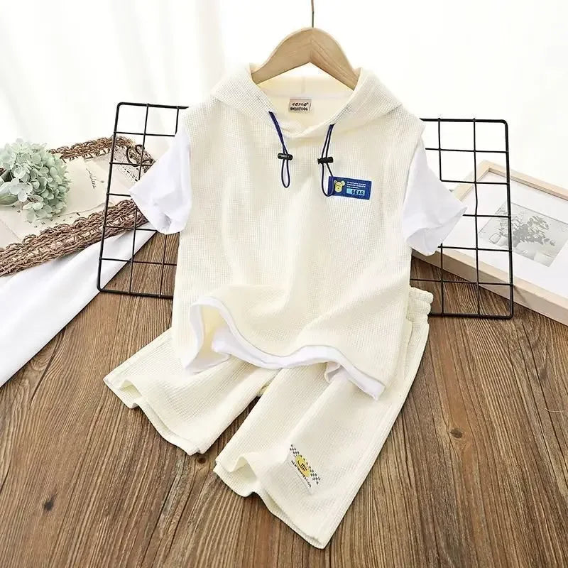 Summer Boy Clothes - Summer Baby Boy Clothes Set Hoodies T-shirts and Shorts Suit Children Girls Waffle Patchwork Top Bottom
