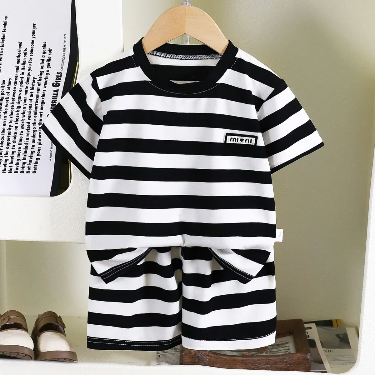 Children Short Sleeve - Children's short-sleeve stripe set, boys' black and white striped summer clothes, boy baby outwear