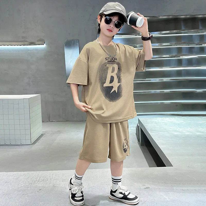 New Summer Teenager Boys Clothing Set Cotton Letter Short Sleeve T-shirt Shorts Years Kids Tracksuits Child Cloth - Boys
