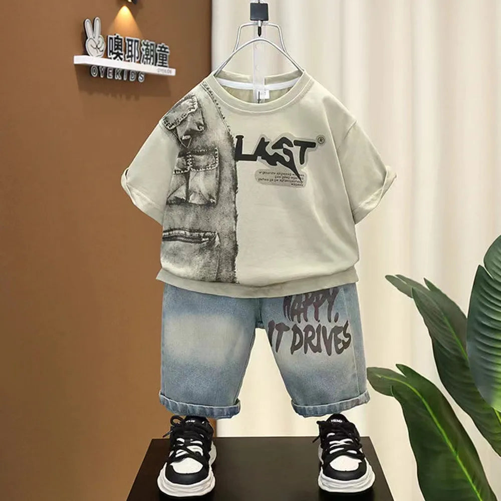 Boys Summer Clothing Set New Handsome Children's Short Sleeved Clothes Trendy Baby T-shirt Jeans Thin Two-piece Set - Boys