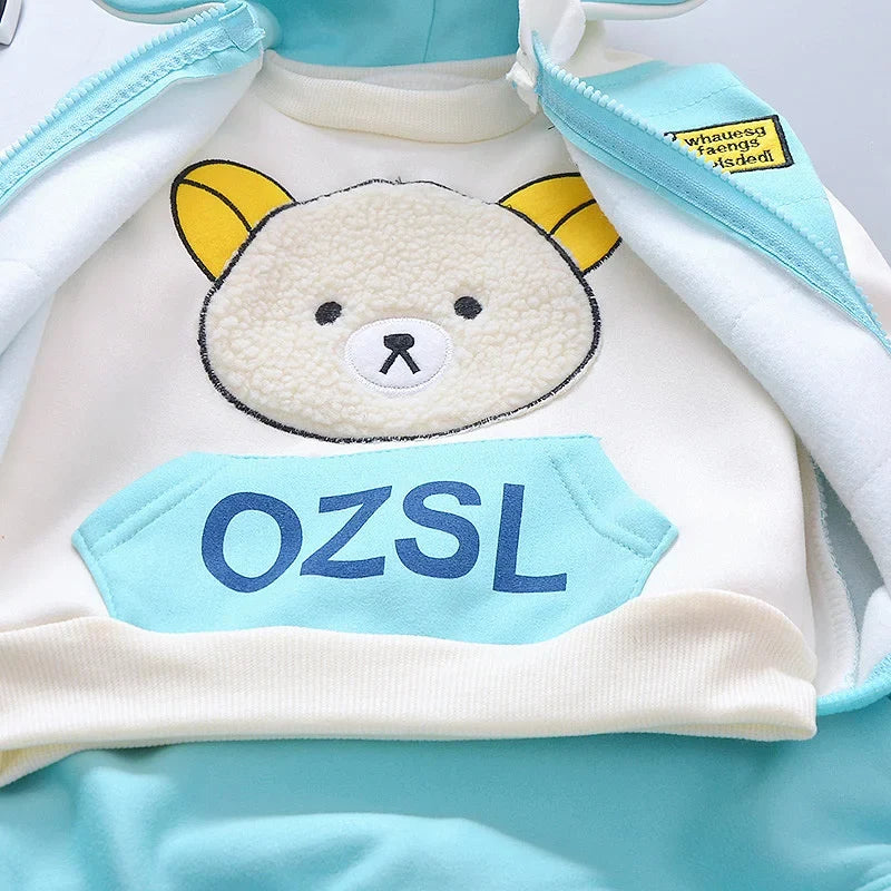Baby Hooded Tracksuit Set with hooded vest, long sleeve T-shirt, and pants for baby boys and girls