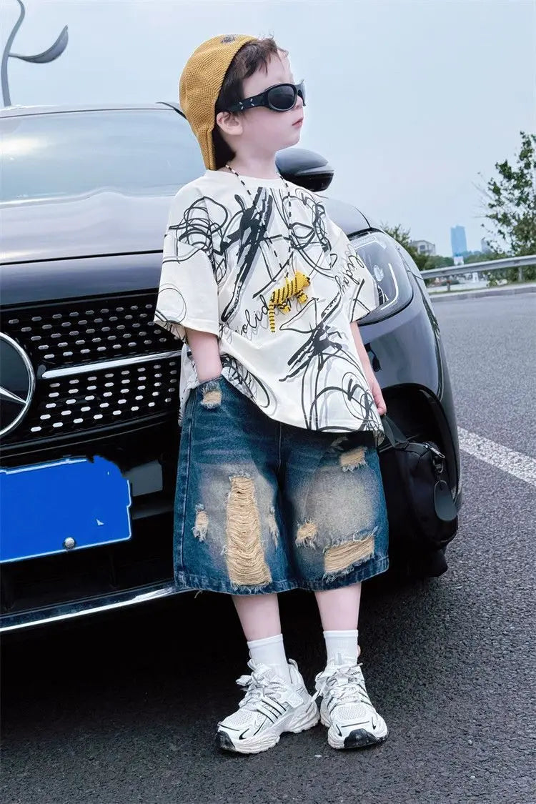 Summer children boys fashion casual T shirt hole jeans sets suits - Boys Summer & Party Dresses - Baby's World (view 7)