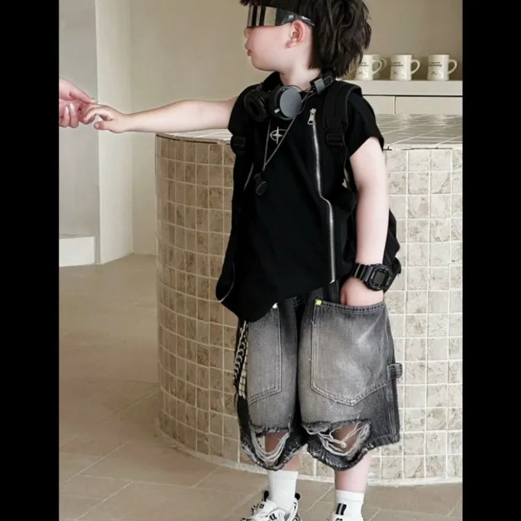 Boys Korean Vintage - Boys' Korean Vintage Distressed Jeans 100% Cotton Streetwear Kids' Trendy Outfit - Boys Summer & Party