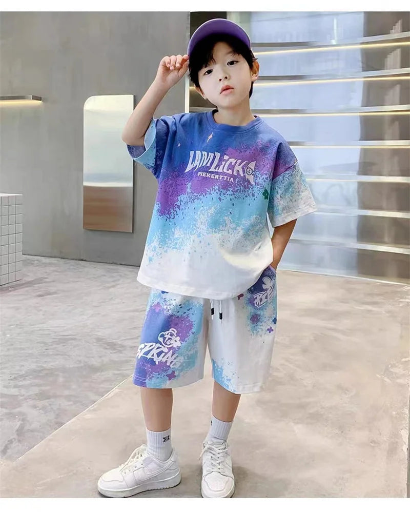 Boys Loose Casual Sets Summer Teen Gradient T-shirts+Shorts 2Pcs Big Kids Sport Short Sleeve Clothes Suits Children Print