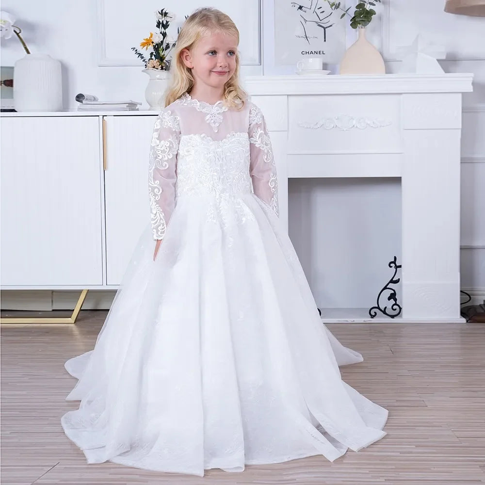 Girl Lace Appliques Princess Wedding Party Flower Girls Dresses Vintage Gown With Bow Kids First Communion Ball Gown