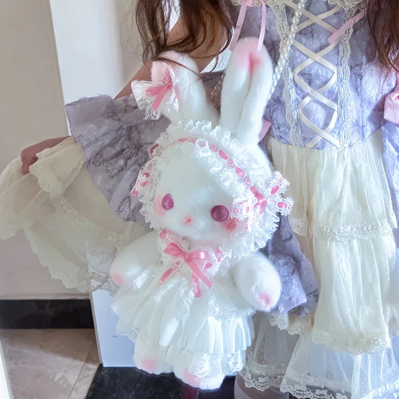 Kawaii Lolita Rabbit Shoulder Bag Cute Plush Crossbody Bag Y2K Girl Accessories Dolls Toys Pearl Chain Strap Makeup Bag