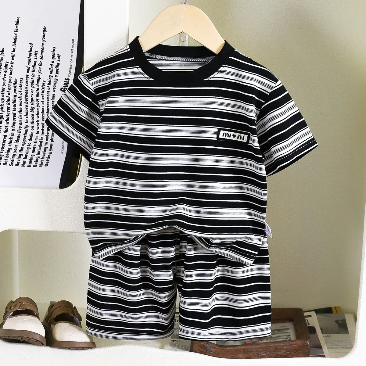 Children Short Sleeve - Children's short-sleeve stripe set, boys' black and white striped summer clothes, boy baby outwear