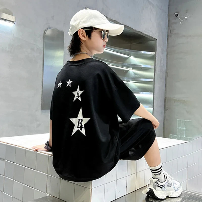New Summer Teenager Boys Clothing Set Cotton Letter Short Sleeve T-shirt Shorts Years Kids Tracksuits Child Cloth - Boys