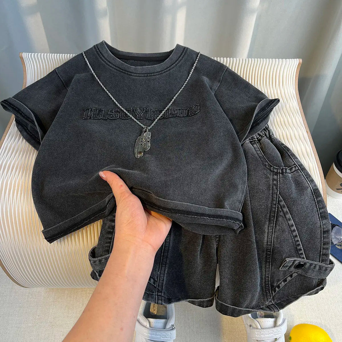 Korean Boys Summer Children's Top and Bottom 2PC Sets Short Sleeve T-Shirt & Denim Shorts Kids Clothes 1-7 Years Black