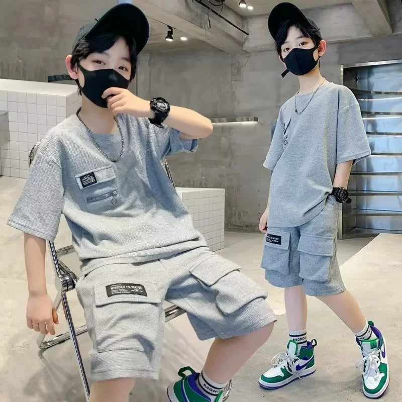 New Boys Sport Clothing Sets Summer Big Kids Loose Clothes Suit Short Sleeve Tops+Shorts 2Pcs Children Fashion Handsome