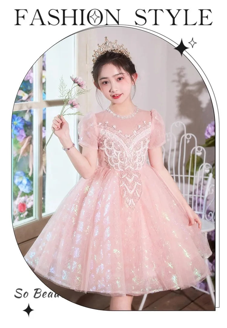 Party Dress Blue Girls Puffy Princess Dresses New Kids Gown Birthday Host Piano Recital Outfit Pageant Performance Formal Wear