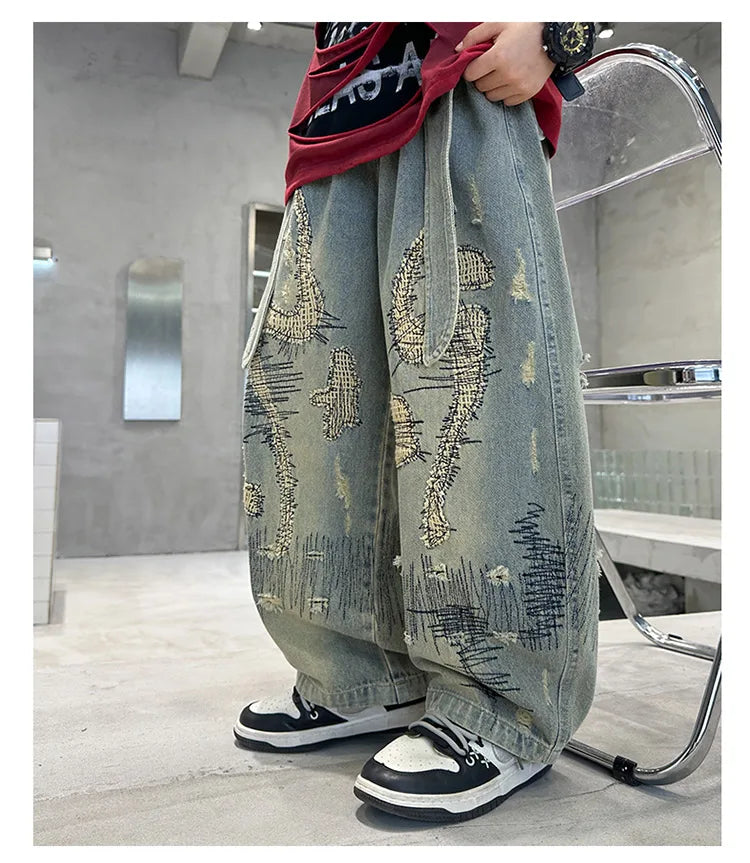 Korean Boy Luxury Hip Hop y2k Baggy Ripped Jeans Kids High Street Fashion Hiphop Rap Dance Denim Pants Child Performance