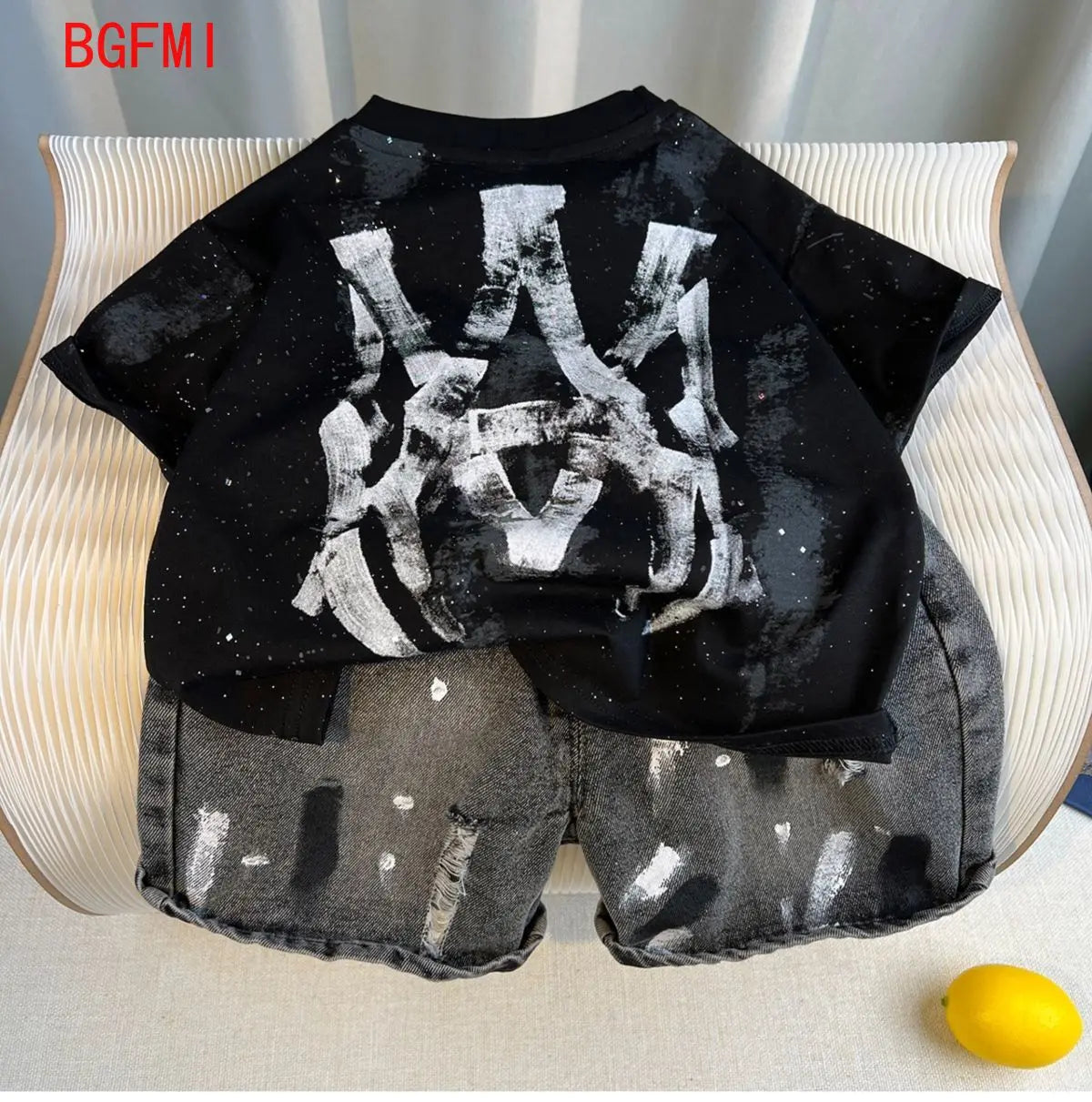 New Boys Fashion Summer Cotton Letter Printing T-shirts+Graffiti Denim Shorts 2pcs Set Kids Korean Outfits Sets Children