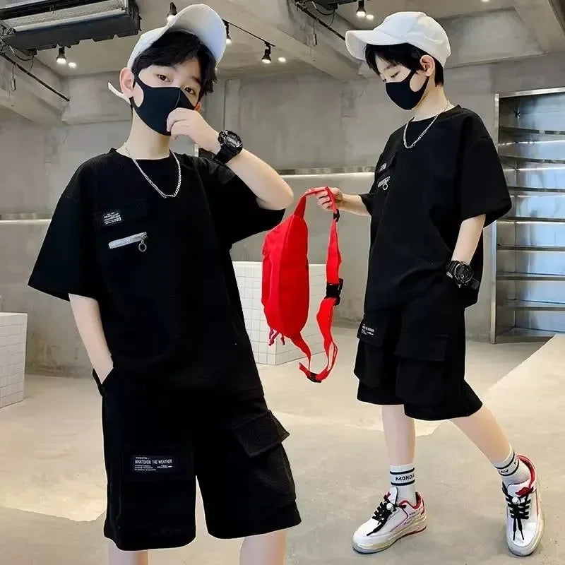 Summer Kids Boys T-Shirt+Shorts 2-Piece Set Letter Printing Children Teen Loose Comfortable Sports Casual Clothes 4-14 Years
