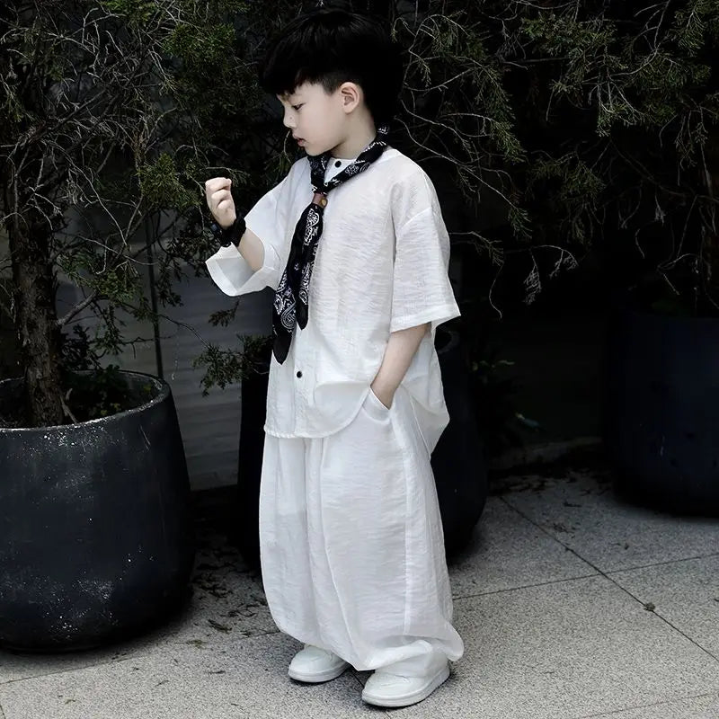 Chinese Style Teenage 2Pcs Set Ultrathin Kids Boy Spring Summer T shirt Top + Pant Casual Teen Boy Clothing Children's