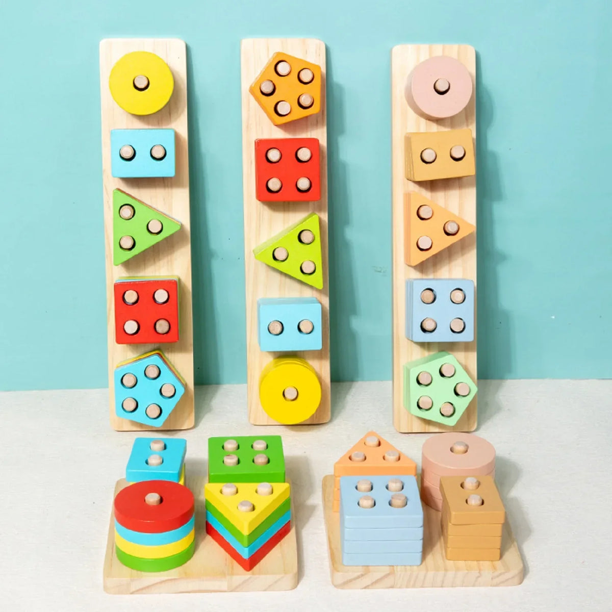 Wooden set of post building blocks baby fine motor toddler early education geometric shape matching color cognition classificati