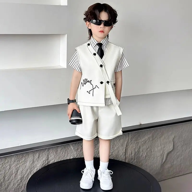 Spring Boy Retro Stripes TShirt+Pants Shorts+Vest Kid Children baby Gentleman Handsome Streetwear Party Clothes - Boys