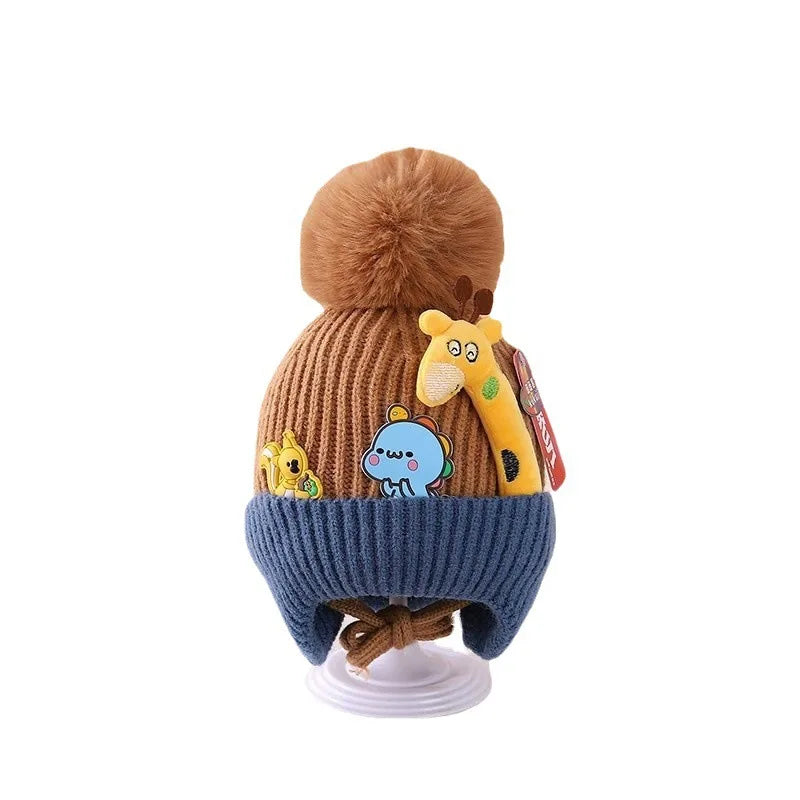 Cartoon Giraffe Baby Knitted Hat Thickened Lining Wool Hat Warm Winter Hat with Ear Protection Cold Resistant Baby Headwear