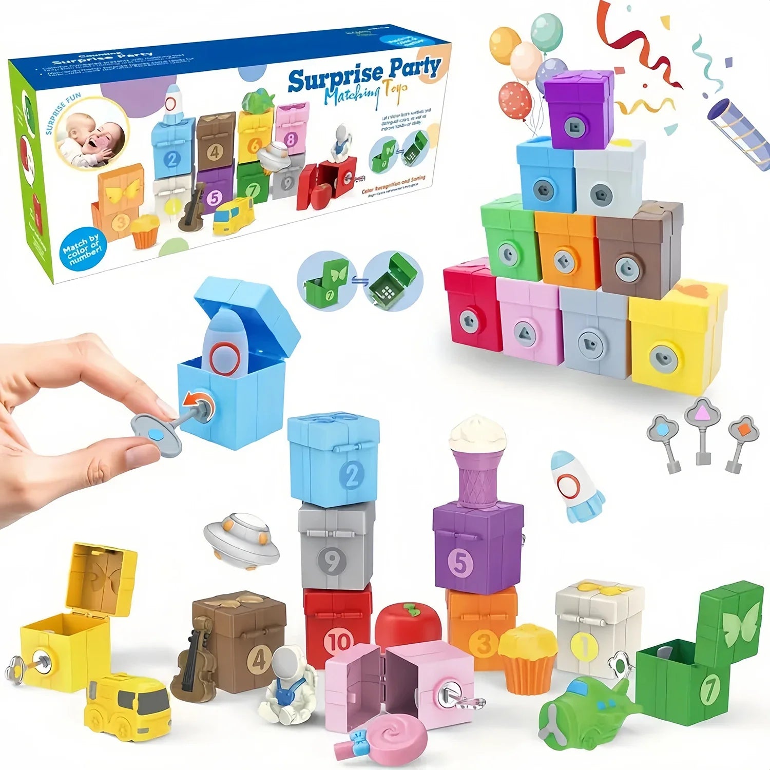 Montessori Farm Train/Surprise Party Set for Toddlers Learning Counting, Matching & Sorting Fine Motor Skills,Preschool Toy Gift