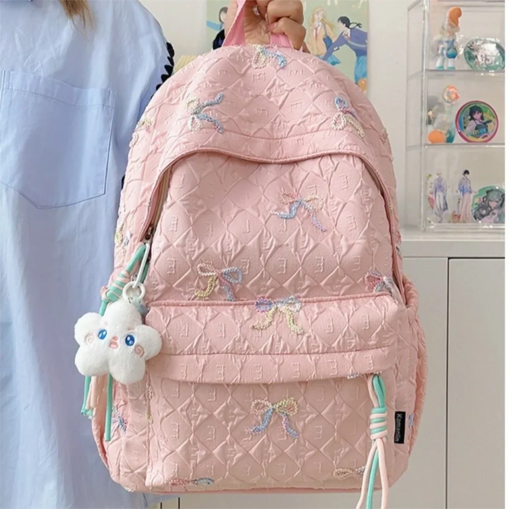 Fashion Embroidered Bow Backpack Nylon Large Capacity Students Schoolbag Multiple Pockets Wear-resistant Travel Rucksack