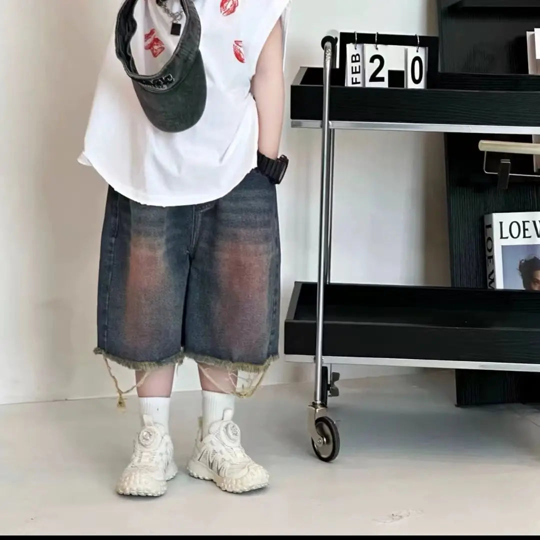 New Korean Fashion Set Design Sense Street Printed Vest Shirt Broken Edge Short Jeans Two-piece Suits - Boys Summer & Party