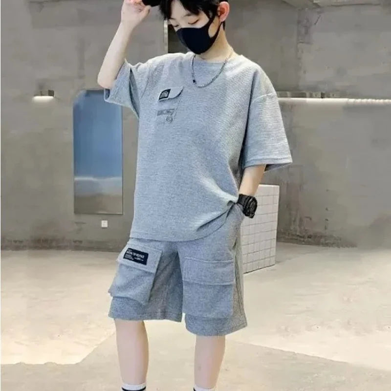 Summer Kids Boys T-Shirt+Shorts 2-Piece Set Letter Printing Children Teen Loose Comfortable Sports Casual Clothes 4-14 Years