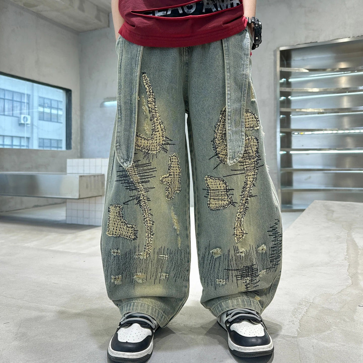 Korean Boy Luxury Hip Hop y2k Baggy Ripped Jeans Kids High Street Fashion Hiphop Rap Dance Denim Pants Child Performance