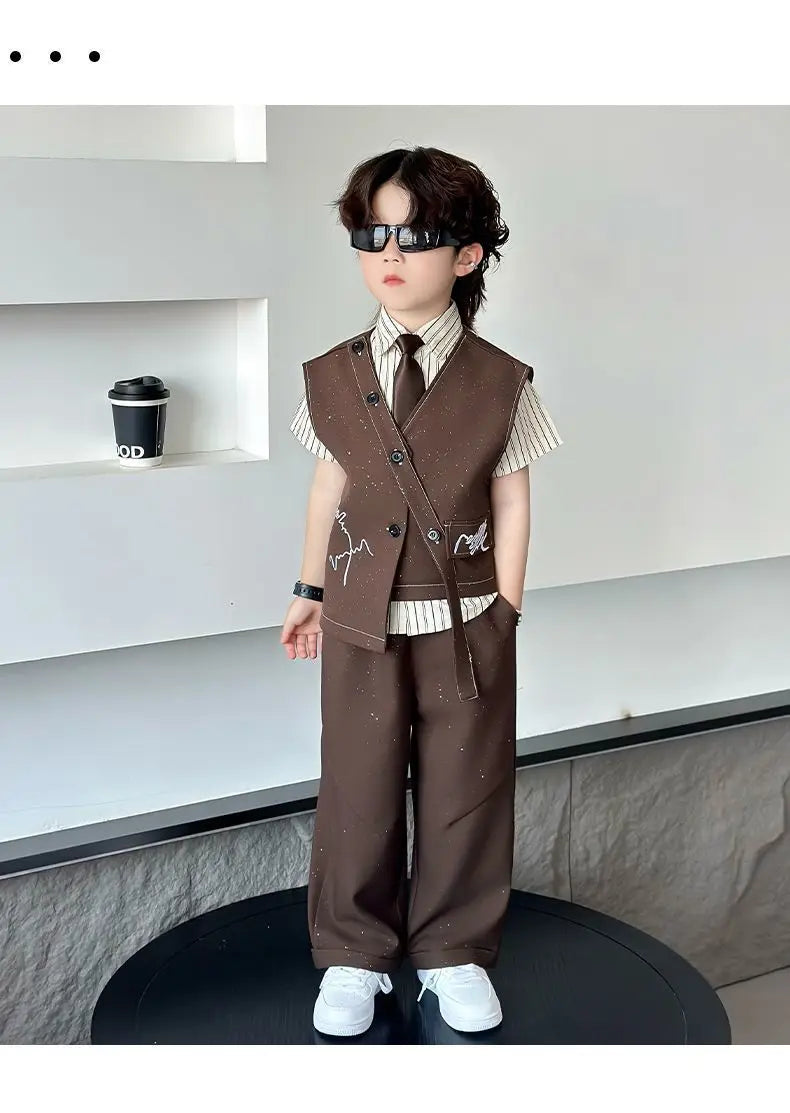 Spring Boy Retro Stripes TShirt+Pants Shorts+Vest Kid Children baby Gentleman Handsome Streetwear Party Clothes - Boys