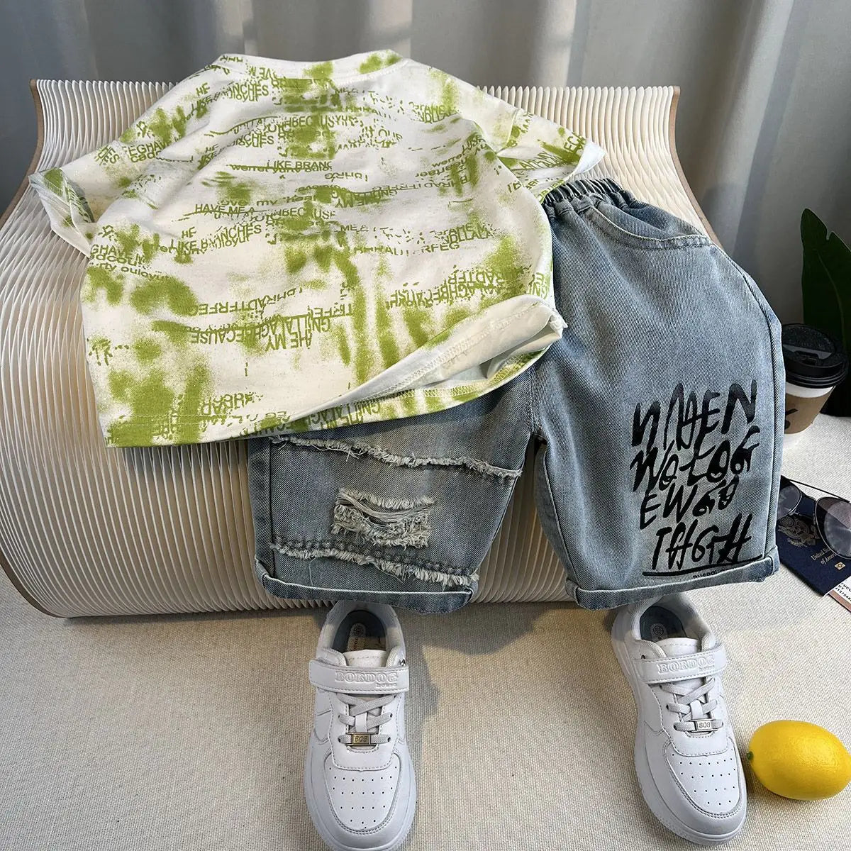 New Boys Fashion Summer Cotton Letter Printing T-shirts+Graffiti Denim Shorts 2pcs Set Kids Korean Outfits Sets Children