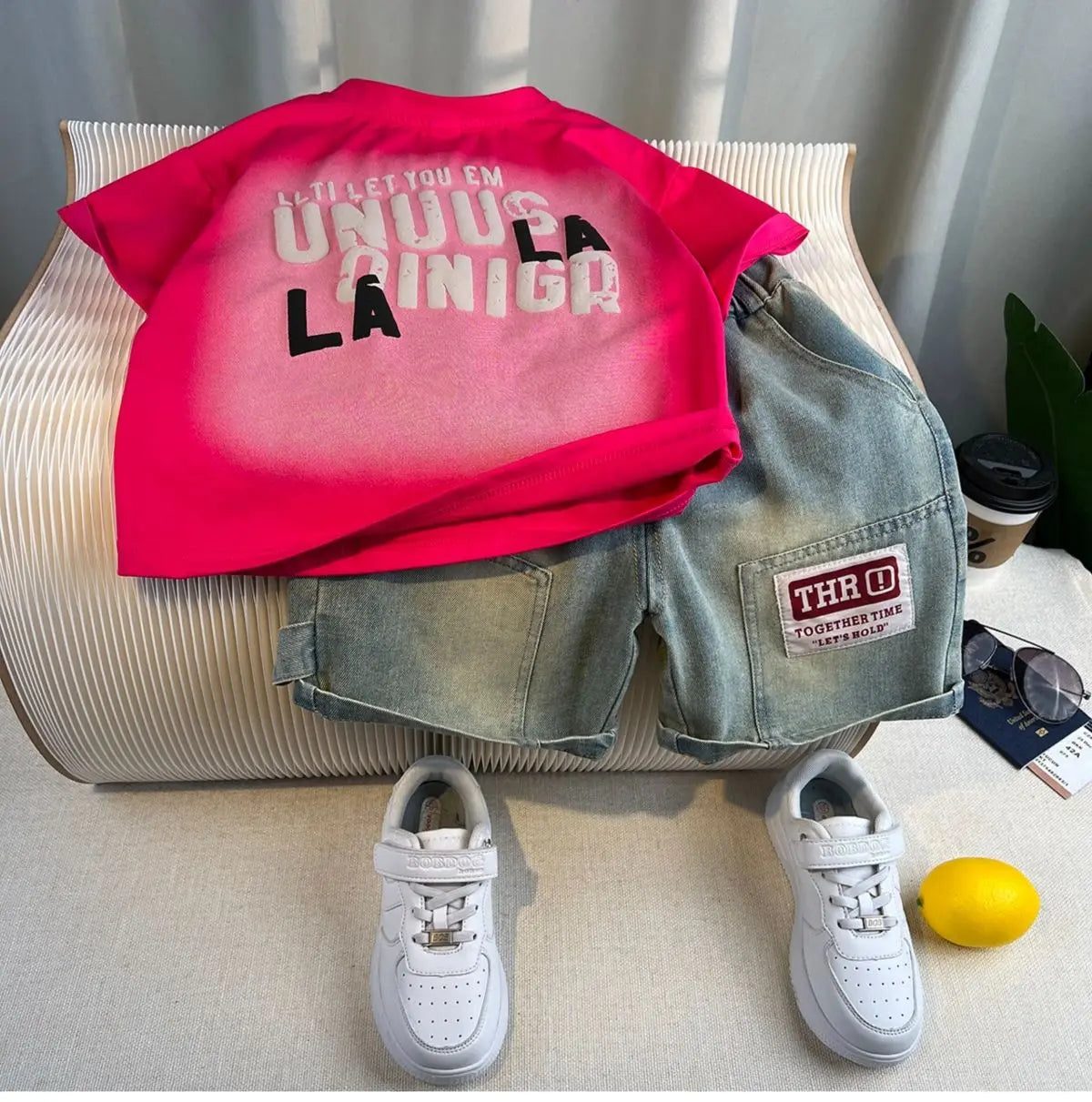 New Boys Fashion Summer Cotton Letter Printing T-shirts+Graffiti Denim Shorts 2pcs Set Kids Korean Outfits Sets Children