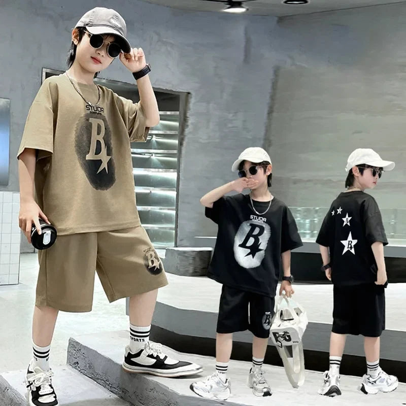 New Summer Teenager Boys Clothing Set Cotton Letter Short Sleeve T-shirt Shorts Years Kids Tracksuits Child Cloth - Boys