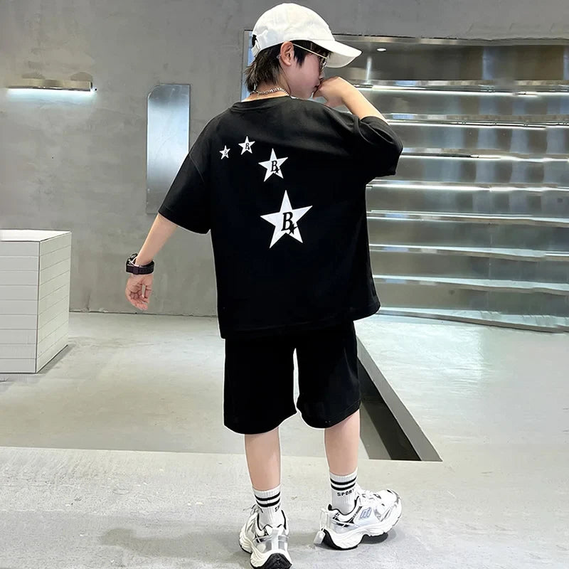 New Summer Teenager Boys Clothing Set Cotton Letter Short Sleeve T-shirt Shorts Years Kids Tracksuits Child Cloth - Boys