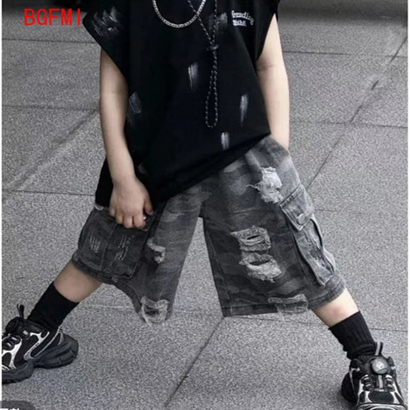 Summer Boys Loose Sleeveless Printed T-Shirt Tops + Hole Shorts Set Child Outfit Handsome Kids Clothes Boys 2-10Y Vest Suit