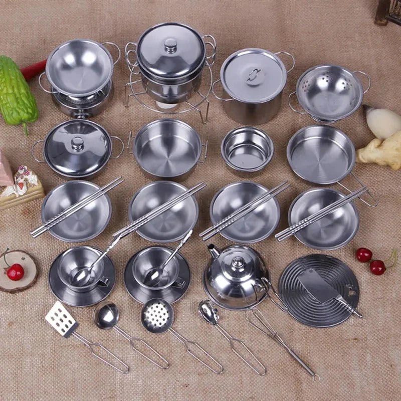 Stainless Steel Action Figures Kids Kitchen Toys Cooking Cookware Children Kitchen Tableware Pretend Role Play Toy for Kids