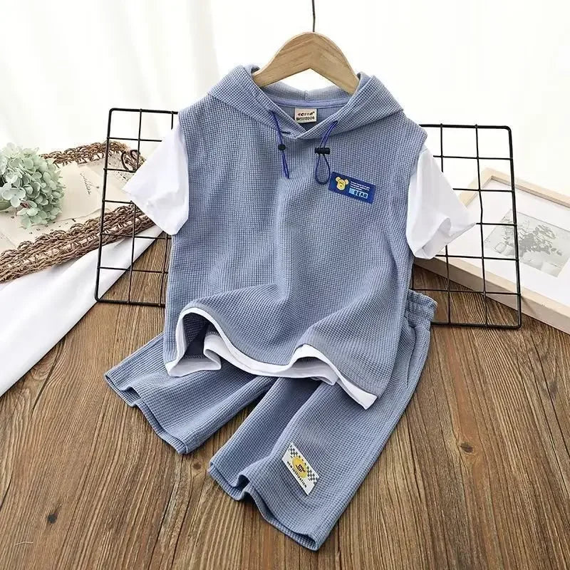 Summer Boy Clothes - Summer Baby Boy Clothes Set Hoodies T-shirts and Shorts Suit Children Girls Waffle Patchwork Top Bottom