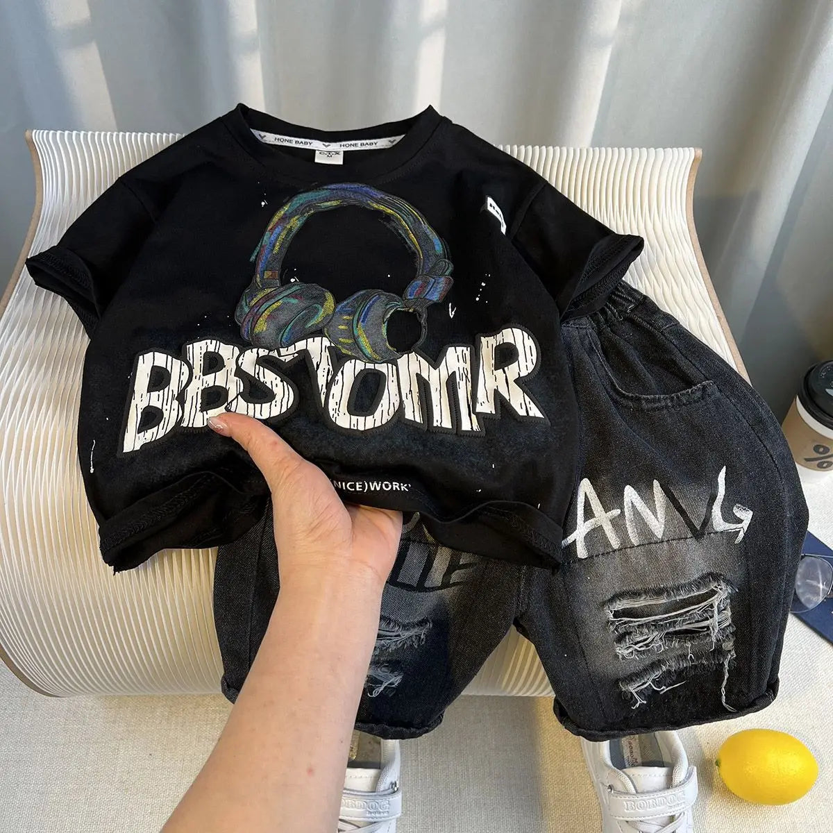 Korean Boys Summer Children's Top and Bottom 2PC Sets Short Sleeve T-Shirt & Denim Shorts Kids Clothes 1-7 Years Black