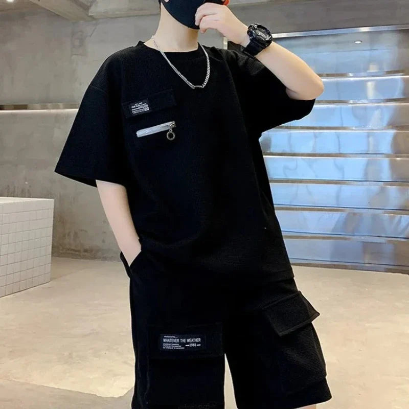 Summer Kids Boys T-Shirt+Shorts 2-Piece Set Letter Printing Children Teen Loose Comfortable Sports Casual Clothes 4-14 Years