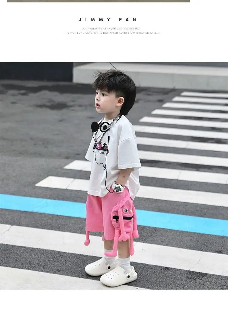 Korean Kids Clothes Boys' Summer Female Child Clothes Children's Printed Cotton Short Sleeved T-shirt Shorts 2piece Sports