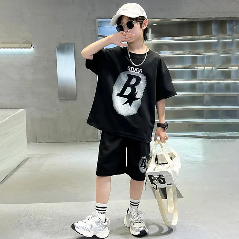 New Summer Teenager Boys Clothing Set Cotton Letter Short Sleeve T-shirt Shorts Years Kids Tracksuits Child Cloth - Boys