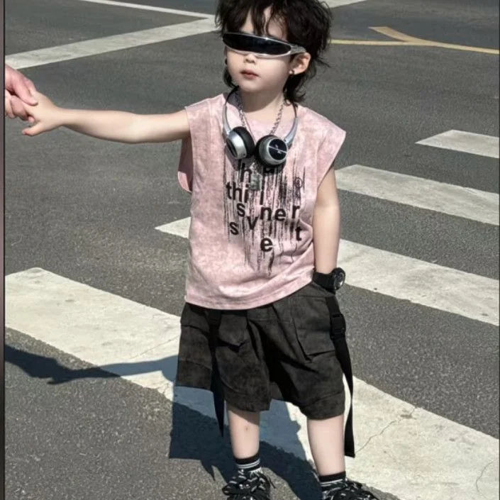 Summer Boys Loose Sleeveless Printed T-Shirt Tops + Hole Shorts Set Child Outfit Handsome Kids Clothes Boys 2-10Y Vest Suit