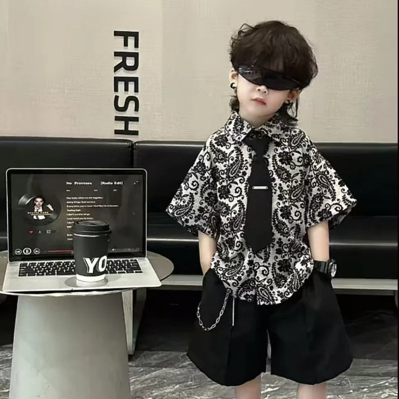 Summer Dress New Handsome Children's Flower Shirt Tie Shorts 3-Piece Set - Boys Summer & Party Dresses - Baby's World (view