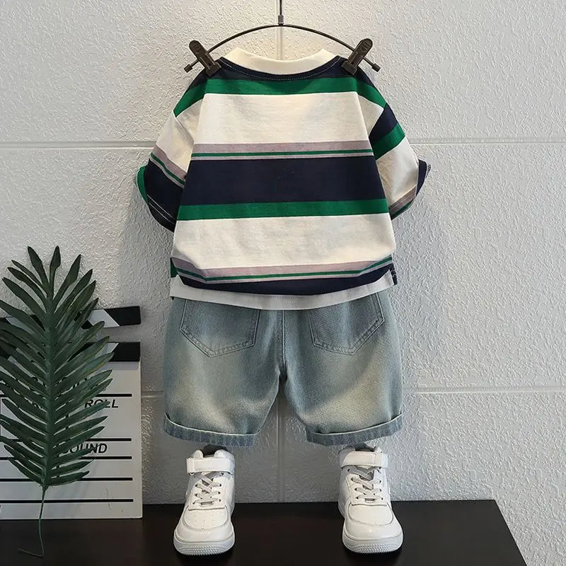 Korean Boys Summer Children's Top and Bottom 2PC Sets Short Sleeve T-Shirt & Denim Shorts Kids Clothes 1-7 Years Black