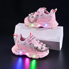 2025 Girls Princess Shoes with LED Lights Pearl Chains Soft Sole Toddler Sneakers Breathable Mesh Light Up Athletic Shoes