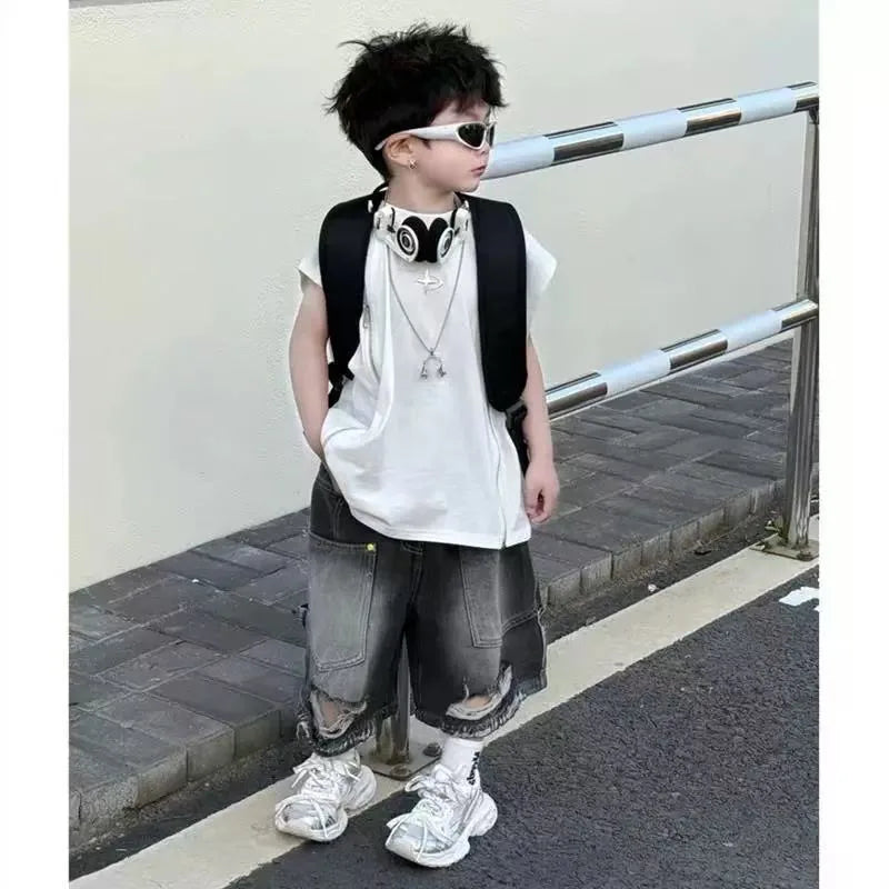 Boy Handsome Korean Version Sleeveless Vest + Retro Ripped Denim Shorts Two-piece Set Children's Casual Loose Set - Boys