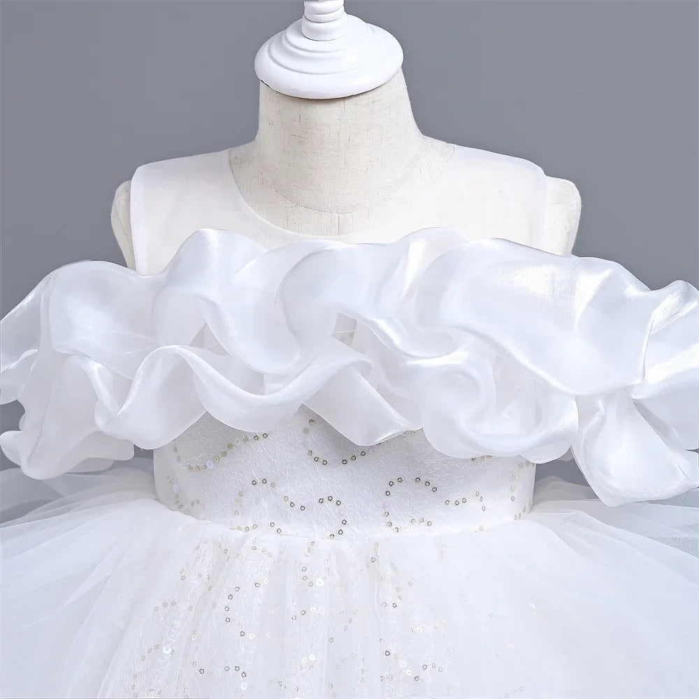 New Girl's Wedding Evening Dress Petal Sequin Mesh Sleeveless Dress Birthday Party School Graduation Party Dress